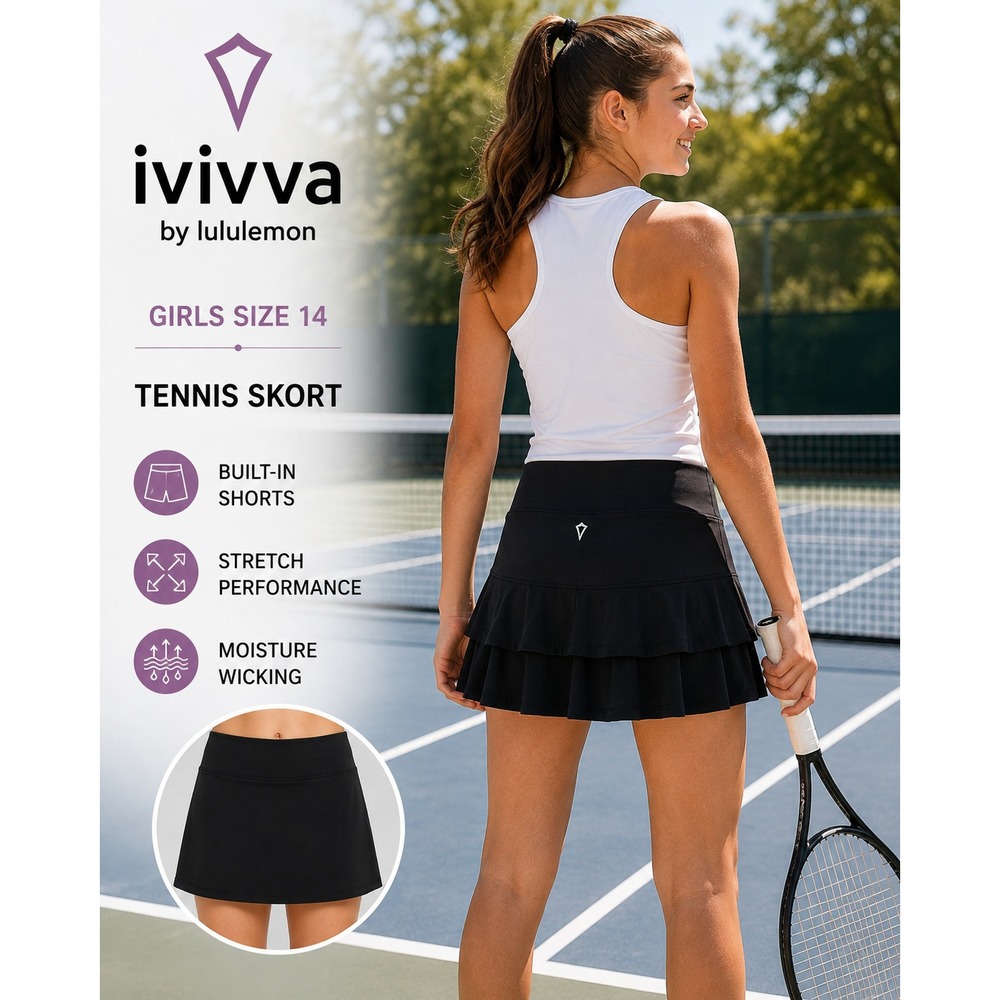 Ivivva by Lululemon Skort Girls Size 14 Black Ruffle Athletic Skirt Shorts Logo